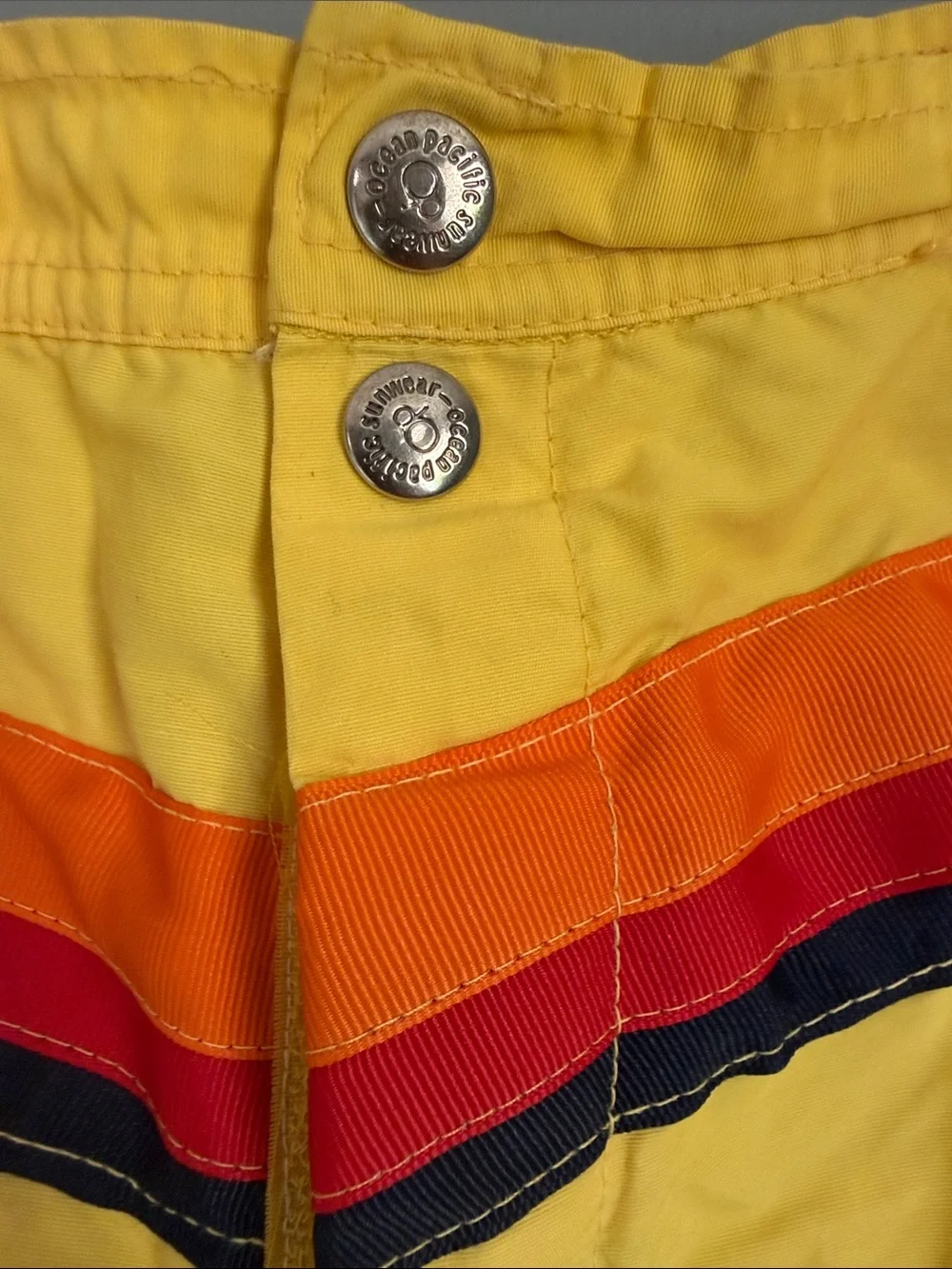 Vintage 70s 80s Ocean Pacific OP Style Yellow Rainbow Stripe Board Shorts M 32”